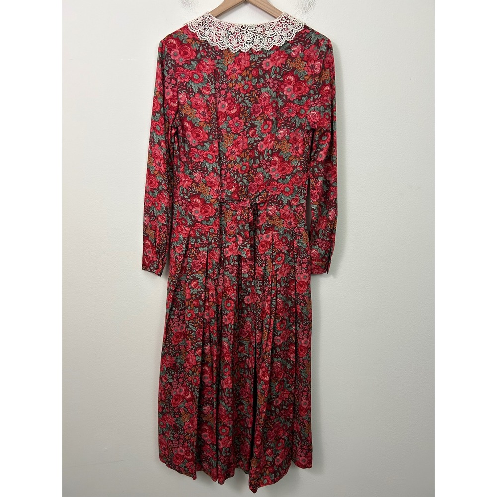Laura Ashley Vintage Floral Lace Collar Midi Dress Red Wool Blend Sie 4 - Picture 2 of 11